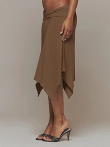 MUSERA 絲滑抓皺前綴垂墜手帕下擺中長裙 - 咖啡棕 - 查看 3