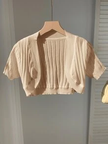 SHEIN EZwear 素色短袖短版針織開襟衫 - 杏色 - 查看 3