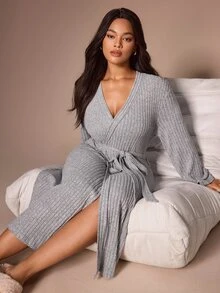 Lazeform Plus Size Women's Comfortable Casual Gray Brushed Ribbed Robe - Grey - View 1