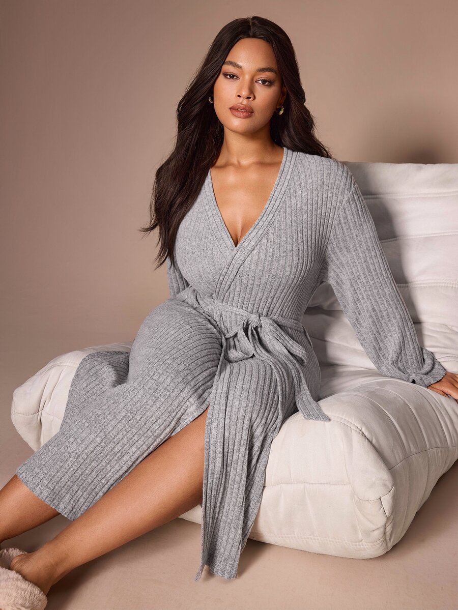 Lazeform Plus Size Women's Comfortable Casual Gray Brushed Ribbed Robe - Grey - View 1