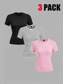 SHEIN EZwear 3件組休閒極簡風女款圓領修身長短袖T恤套裝，95%棉，94%棉條紋 - 彩色 - 查看 10