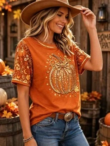 Selamara Pumpkin Print Crew Neck Short Sleeve T-Shirt, Casual Halloween Pattern Top - Multicolor - View 3