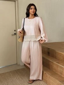 Lounesse Plus Size Women Lace Patchwork Vacation Brunch Travel Formal Casual Top Pants Boho 2 Pieces Set Fall Elegant Dusty Pink - Khaki - View 3
