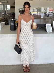 Firerie Women's Summer Elegant Polka Dot Print Spaghetti Strap Dress - White - View 6