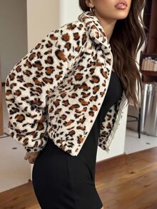 SHEIN EZwear 秋冬時尚復古豹紋毛絨寬鬆夾克 - 杏色 - 查看 4