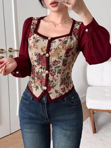 Feyla Blus Gaya Vintage Baru dengan Motif Patchwork Campuran Kain Warna Blok, Serbaguna untuk Sehari-hari, Membentuk Pinggang, Melangsingkan, Cocok untuk Pesta dan Liburan - Burgundy - View 1