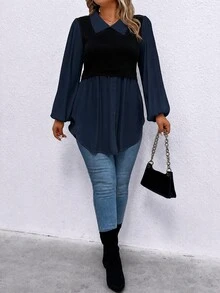 Calvaya Plus Size Women's Colorblock Patchwork Long Sleeve Top - Blue - View 6