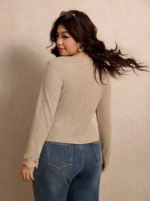 Elaquor Plus Size Autumn Casual Solid Color Front Button T-Shirt Fall - Brown - View 2