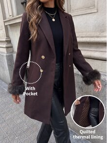 SHEIN Clasi 女款純色翻領長袖雙排扣優雅羊毛大衣 - 棕色 - 查看 11