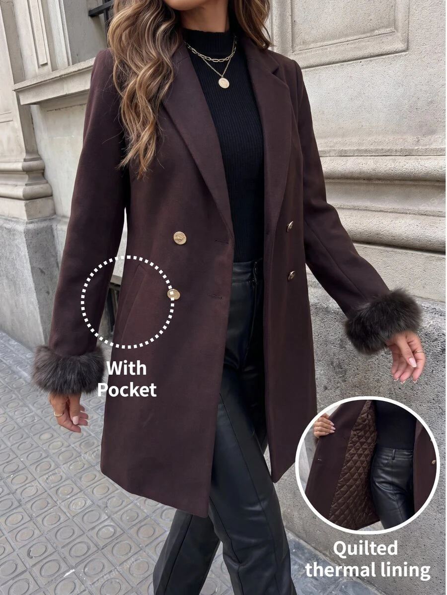 SHEIN Clasi Women's Solid Color Lapel NeckLong Sleeve Double-Breasted Elegant Wool Coat - Brown - View 1