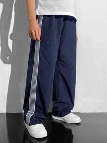 Tween Boy Casual College Style Comfortable Fashionable Minimalist Practical Versatile Cute Soft Fleece Fabric Thick Warm Suitable For Daily Wear School Outings Sports Autumn/Winter Season Webbing Decor Contrast Color Long Pants - Navy Blue - View 6