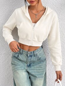 SHEIN PETITE Y2K 拉鍊短版連帽衛衣 秋冬款 - 米色 - 查看 8