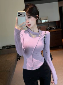 Joudiya Women's Elegant Solid Color Long Sleeve T-Shirt, Autumn - Purple - View 5