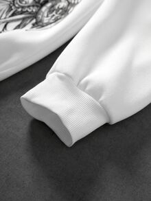 ROMWE MEN 男士日式復古刺青文字印花毛絨領連帽衛衣 - 白色 - 查看 6