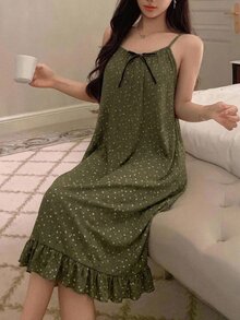 DAZY 女款碎花細肩帶荷葉邊中長洋裝睡裙 秋季 - 綠色 - 查看 3