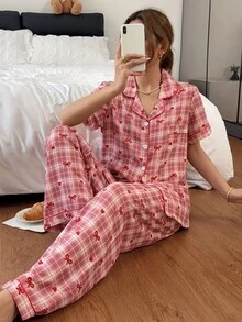 Napfluff Plaid Collar Pajama Set, Red Heart & Bow Print Short Sleeve Top + Long Pants Comfortable Home Wear 2 Pieces Set - Red - View 6