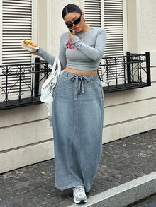 Dazy Plus Autumn High Waist Drawstring Light Blue Washed Slim Straight Long Denim Skirt - Medium Wash - View 3