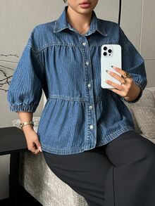 Dazy Plus Plus Size Women's Loose Street Casual Cardigan With Lapel, Patchwork Lantern Sleeves, 5-Point Sleeves, Denim Top For Spring, Summer, Autumn - Medium Wash - View 5
