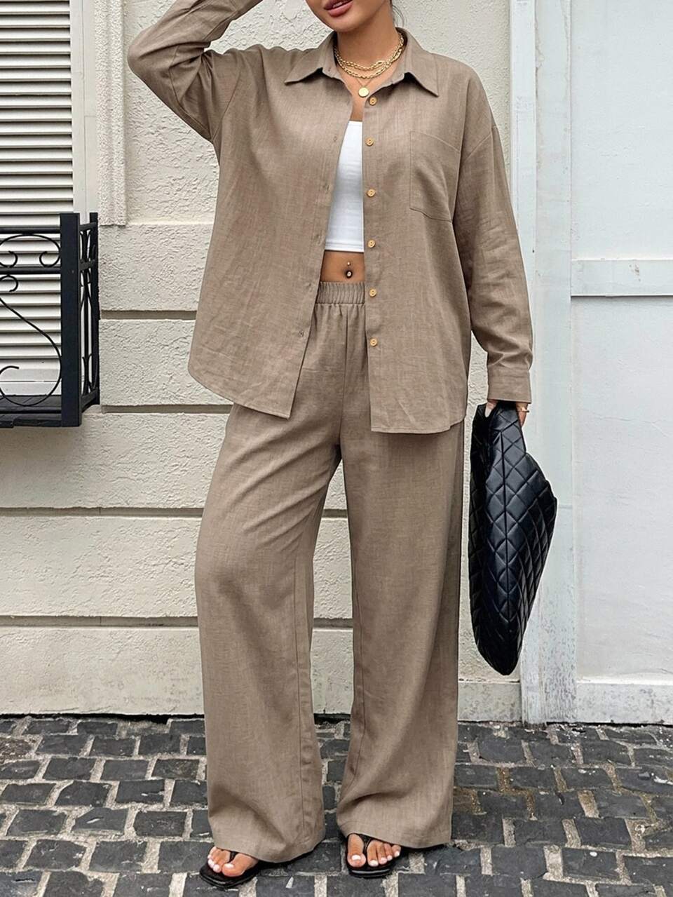 Dazy Plus Fashion Striped Loose Long Sleeve Shirt & Long Casual Pants 2 Pieces Set, Versatile Commuter Outfit, Navy Blue, Spring/Autumn