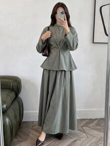 Solavon 女款純色長袖單排扣上衣與裙子阿拉伯風服裝套裝 - 綠色 - 查看 4