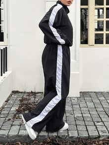 Livesso Colorblock Patchwork Sporty Casual Streetwear Loose Jacket & Pants 2 Pieces Set For Spring/Autumn - Black - View 9