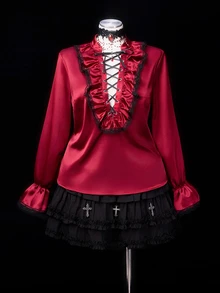 Sunspun Medieval Light Punk Y2K Vintage Ruffle Lace Tie Metal Heavy Work Halloween COS Self-Matching Women's Autumn/Winter Best-Selling Pullover Inner Layer Long Sleeve Top Plus Size Blouse - Burgundy - View 4