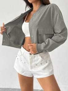 SHEIN Unity Women's Solid Color Dropped Shoulder Long Sleeve Single-Breasted Casual Utility Pocket Lightweight Baseball Jacket - Grey - View 3