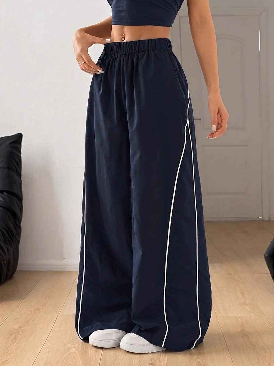 SHEIN PETITE Women's Autumn/Winter Street Style Vintage Holiday Outing Back To School Basic Black Wide Leg Pants, Essential For Daily Wear - Navy Blue - View 1