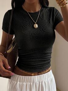 DAZY Camiseta de manga corta de unicolor con textura, versátil y casual - Negro - Ver 6