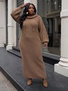 Slaydiva Plus Size Women's Knit Dress, Coffee Cowl Neck Drawstring Thick Rib Plus Size Maxi Sweater Dress - Coffee Brown - View 8