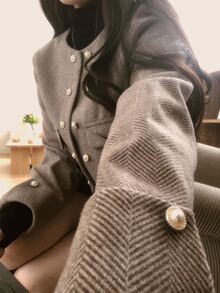 DAZY Brown Herringbone Round Neck Pearl Double-Breasted Short Fitted Long Sleeve Vintage Elegant Tweed Jacket Fall - Khaki - View 2