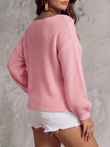 SHEIN LUNE CURVE Cherry Blossom Pink Soft Matte Hollow Cable Knit Cold Shoulder Slouchy Pullover Sweater Plus Size Autumn Date Night Formal Casual Elegant - Pink - View 2