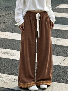 SHEIN EZwear Women's Loose Casual Daily Commute Long Pants, Autumn/Winter Brown Corduroy Plaid Colorblock Patchwork With Folded Hem, Elastic Waist With Drawstring - Brown - View 5