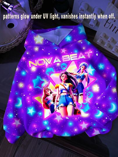 SHEIN Fluorescent Effect! K-Pop Girl Group Fun Star & Moon Pattern, Young Girl Casual Minimalist Thick Soft Comfortable Sweatshirt, Suitable For Autumn/Winter, Korean Style, Easy & Comfortable, Fashionable Kids Wear, Y2K, Kawaii, Party, Daily, Vacation, Cute, Comfortable,