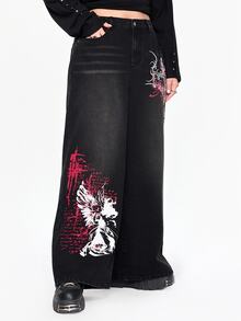 ROMWE Dark Gothic Street Style Vintage Washed Loose Comfortable Plus Size Denim Jeans - Black - View 3