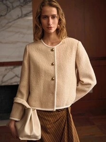 MOTF FRENCH VINTAGE CONTRAST TRIM SINGLE-BREASTED CROPPED JACKET - White - View 5
