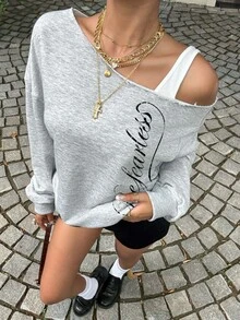 SHEIN EZwear 新款秋冬女款拼接不對稱領口露肩灰色運動衫 /Y2K/街頭風/外出/返校/可愛/"Be Fearless"字母 - 灰色 - 查看 3