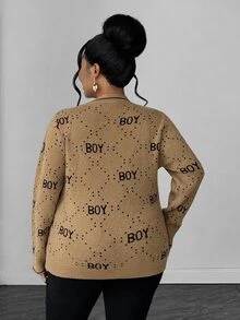 Maweii Plus Size Women's Letter Print Casual Versatile Everyday Cardigan Winter - Mocha Brown - View 4