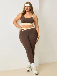 Easithlete Women's Plus Size Colorblock Cropped Camisole And Leggings Sports Set Gym Pilates Brown Summer Cow Girl - Multicolor - View 4