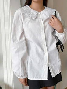 Dazy Plus Peter Pan Collar Loose Long Sleeve Versatile White Spring/Autumn New Shirt - White - View 2