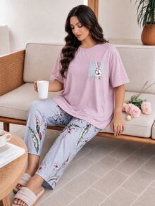 Serenescape Casual Floral Print Patch Pocket Short Sleeve Long Pants Plus Size Pajama Set - Multicolor - View 6