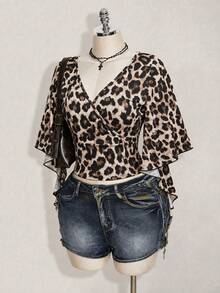 SHEIN ICON Plus Size Women's Leopard Print Ruffle Sleeve Fashion T-Shirt - Multicolor - View 4