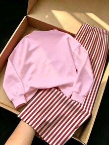 秋冬女童幼兒清新復古紅綠旋渦太陽藝術海報字母印花基本款圓領衛衣 + 白色紅條紋寬腿褲 2件套，粉色衛衣，返校季 - 彩色 - 查看 2