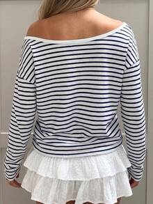 Sundraya Striped Digital Print Letter Foil Print Fashion Minimalist Women's Round Neck Drop Shoulder Long Sleeve T-Shirt Friend's Gift - Multicolor - View 2