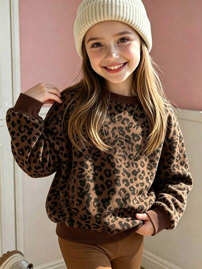 Sweet Girl Leopard Print Sweatshirt, Fashion Style, Sweet & Cool Aesthetic, Cute Mix & Match, Suitable For Back To School, Outings, Streetwear