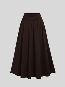 Sweetra Women's New Spring Summer Autumn Winter Outfit Half-High Neck Solid Color Top And Ruched Waist Skirt Set, Suitable For Travel, Commuting, Shopping, Dating, Dining, Versatile 2-Piece Set - Brown - View 9