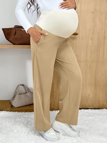 SHEIN Maternity Casual Versatile Adjustable Waist Pants Fall - Khaki - View 1