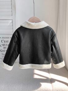 SHEIN 女嬰秋冬百搭可愛街頭風黑色保暖內裡拼色PU夾克外套 - 黑色 - 查看 2