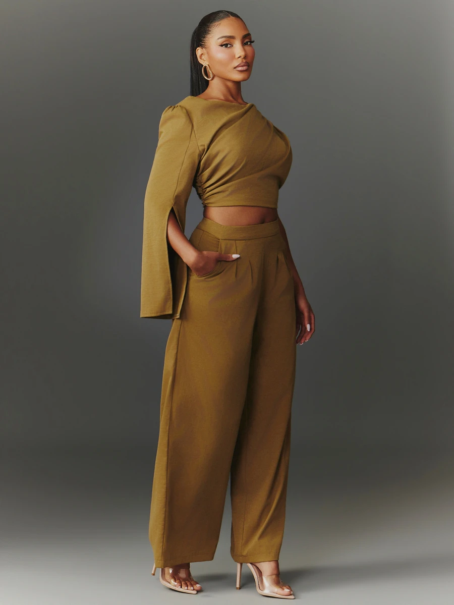 NYA SZN Matching Set Top And Pant Draped - Olive Green - View 1