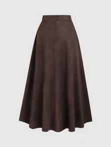 Sweetra Women's Autumn/Winter Casual Commute Suede Velvet Button Decor A-Line Skirt - Coffee Brown - View 2